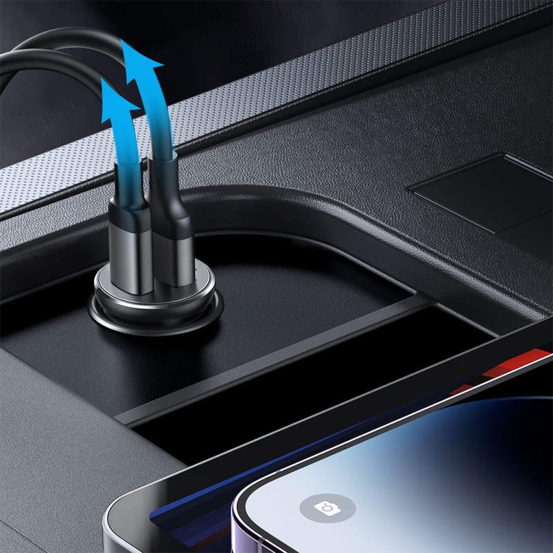Mini automobilinis įkroviklis 30W USB-A QC3.0 USB-C PD juodas