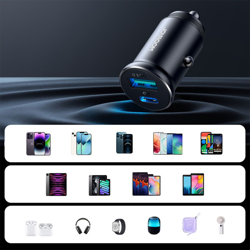 Mini automobilinis įkroviklis 30W USB-A QC3.0 USB-C PD juodas
