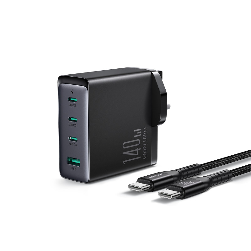 
GaN tinklo įkroviklis 140 W JK kištukas 3x USB-C USB-A + USB-C laidas 1,2 m
