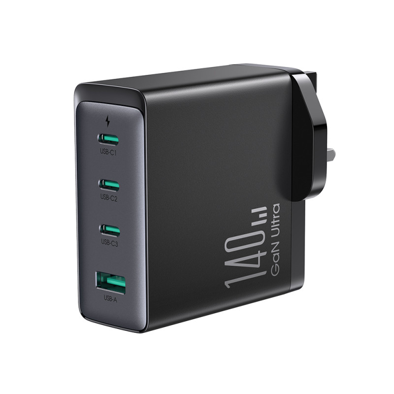 
GaN tinklo įkroviklis 140 W JK kištukas 3x USB-C USB-A + USB-C laidas 1,2 m
