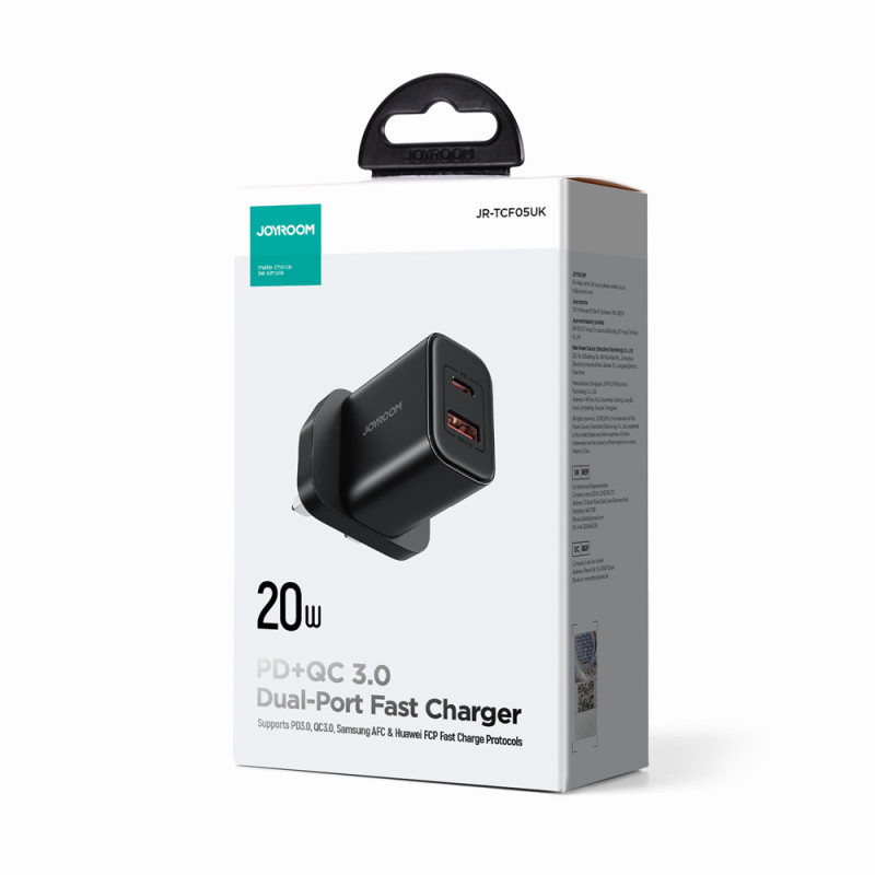
Tinklo įkroviklis, angliškas kištukas, JK FlashSeries USB-A USB-C 20W, juodas
