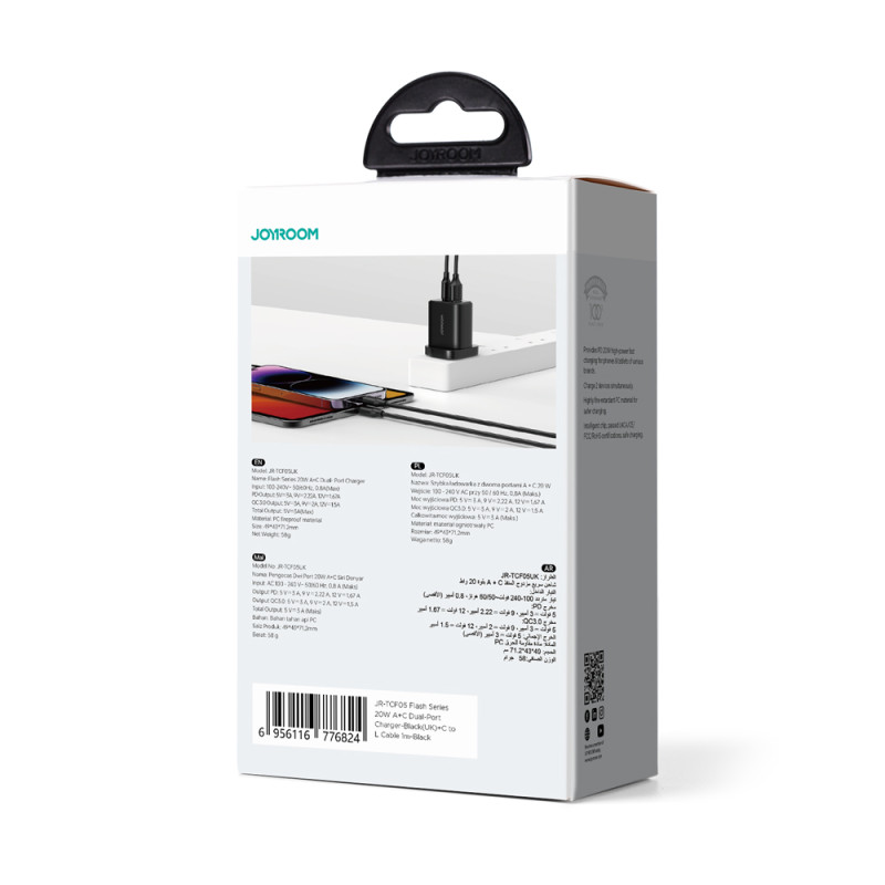 Tinklo įkroviklis, angliškas kištukas, JK FlashSeries USB-A USB-C 20W, juodas