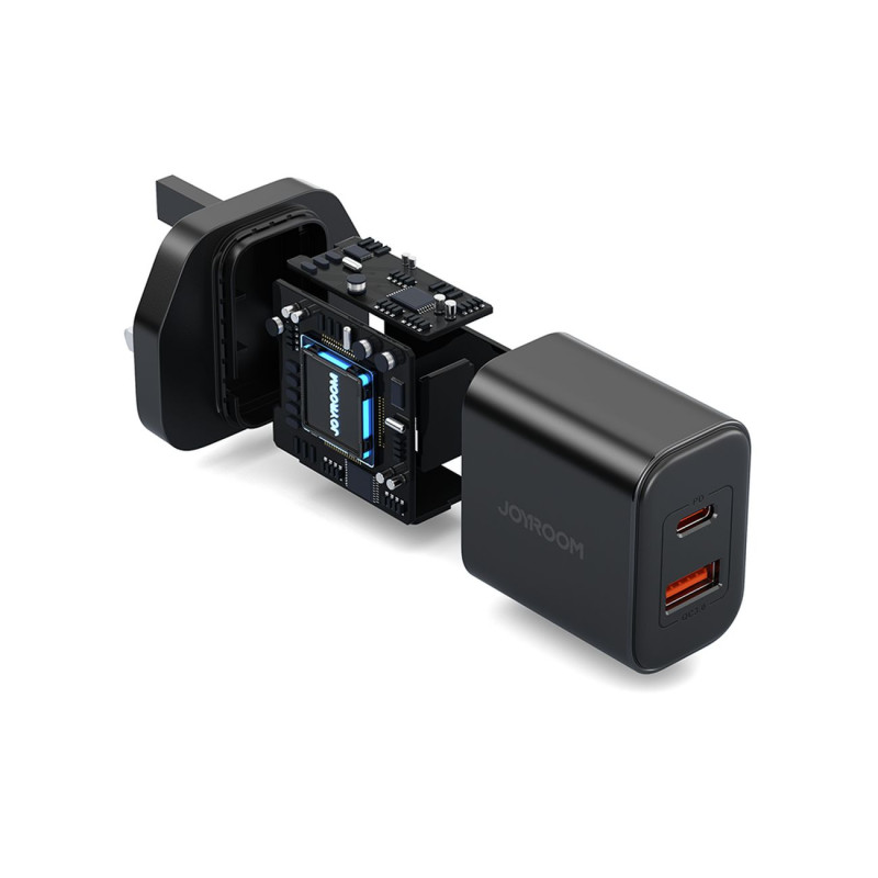 Tinklo įkroviklis, angliškas kištukas, JK FlashSeries USB-A USB-C 20W, juodas