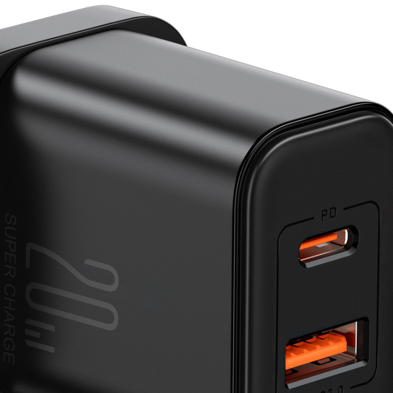 Tinklo įkroviklis, angliškas kištukas, JK FlashSeries USB-A USB-C 20W, juodas