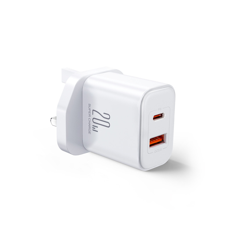 Maitinimo įkroviklis su anglišku kištuku JK FlashSeries USB-A USB-C 20W balta
