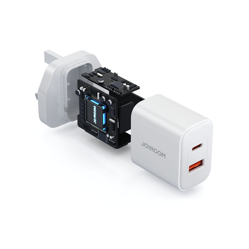 Maitinimo įkroviklis su anglišku kištuku JK FlashSeries USB-A USB-C 20W balta