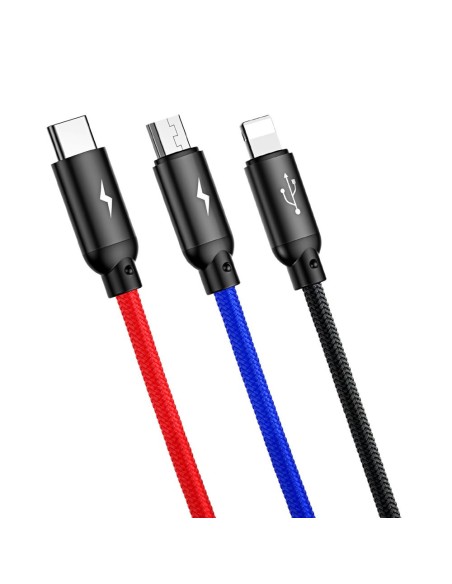 Patvarus kabelis 3in1 USB microUSB iPhone Lightning USB-C 3.5A 1.2M juodas