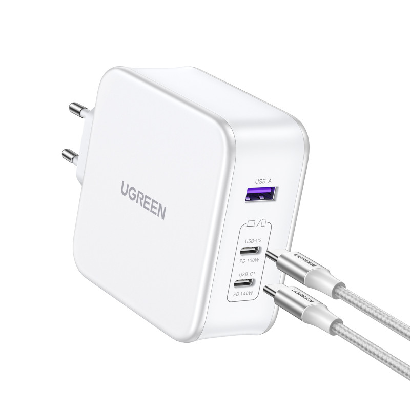 
GaN Nexode USB-A 2x USB-C 140W sieninis įkroviklis + USB-C laidas 1,5 m baltas

