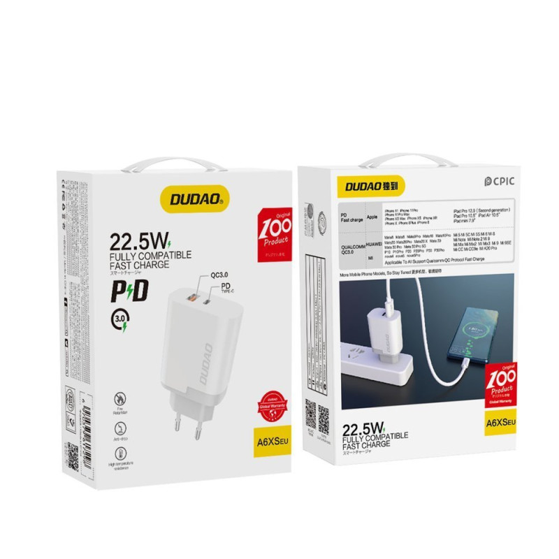 USB / USB-C PD QC 3.0 3A 22.5W baltas įkroviklis