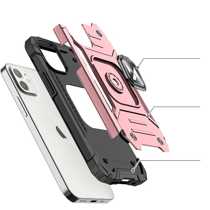 Šarvuotas hibridinis dėklas iPhone 12 Mini + Ring Armor magnetiniam laikikliui, rožinis