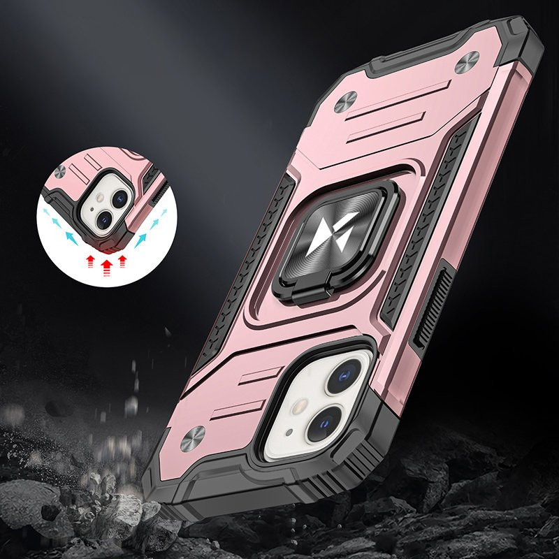 Šarvuotas hibridinis dėklas iPhone 12 Mini + Ring Armor magnetiniam laikikliui, rožinis