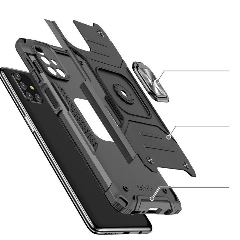 Šarvuotas hibridinis dėklas Samsung Galaxy M31s + Ring Armor magnetinis laikiklis, raudonas