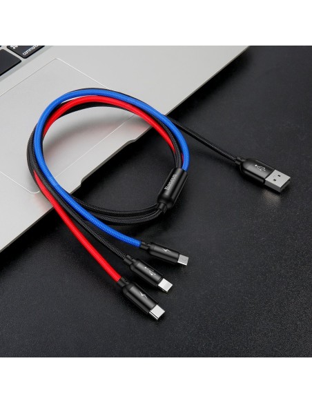 Patvarus kabelis 3in1 USB microUSB iPhone Lightning USB-C 3.5A 1.2M juodas