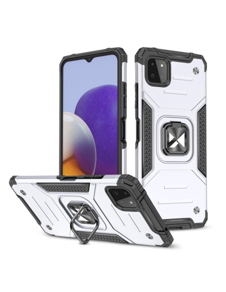 
Šarvuotas dėklas su dangteliu + magnetinis laikiklis Samsung Galaxy A22 4G Ring Armor, sidabrinis
