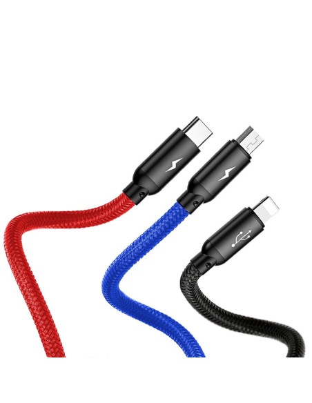 Patvarus kabelis 3in1 USB microUSB iPhone Lightning USB-C 3.5A 1.2M juodas