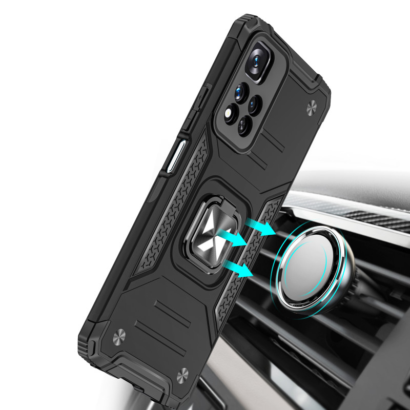 Šarvuotas korpuso dangtelis + magnetinis laikiklis Xiaomi Redmi Note 11 Pro+ 5G Ring Armor mėlynas