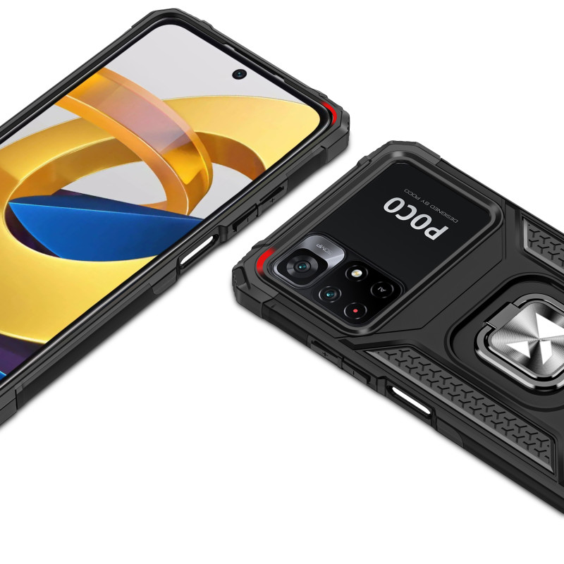 Šarvuotas korpuso dangtelis + magnetinis laikiklis Mi Poco M4 Pro 5G / Redmi Note 11 5G Ring Armor mėlynas