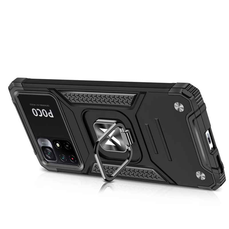 Šarvuotas korpuso dangtelis + magnetinis laikiklis Mi Poco M4 Pro 5G / Redmi Note 11 5G Ring Armor mėlynas