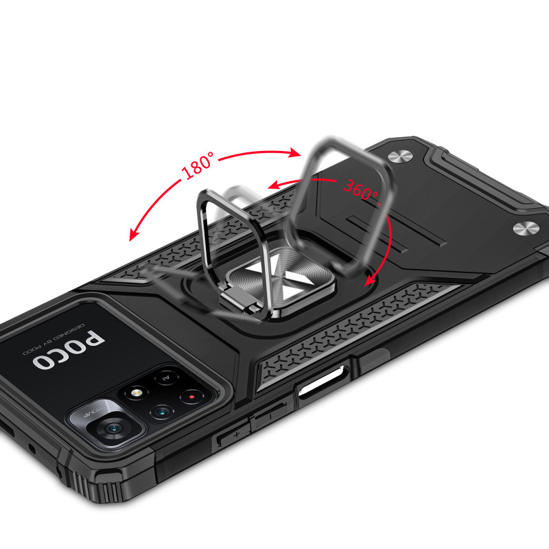 Šarvuotas korpuso dangtelis + magnetinis laikiklis Mi Poco M4 Pro 5G / Redmi Note 11 5G Ring Armor mėlynas