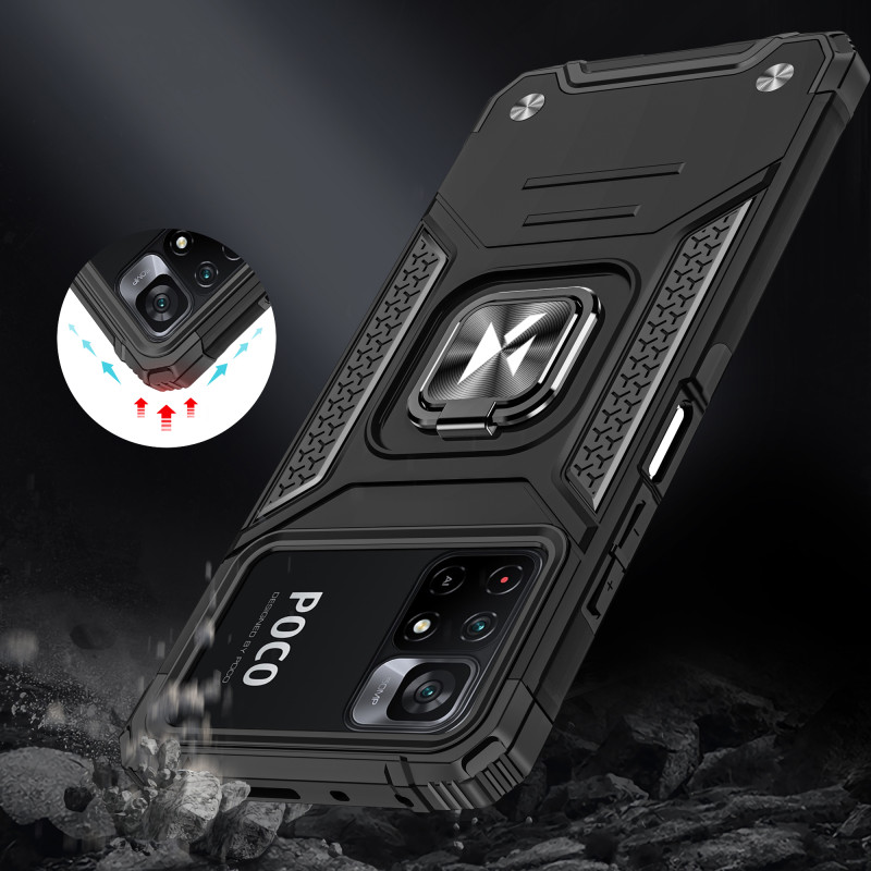 Šarvuotas korpuso dangtelis + magnetinis laikiklis Mi Poco M4 Pro 5G / Redmi Note 11 5G Ring Armor mėlynas