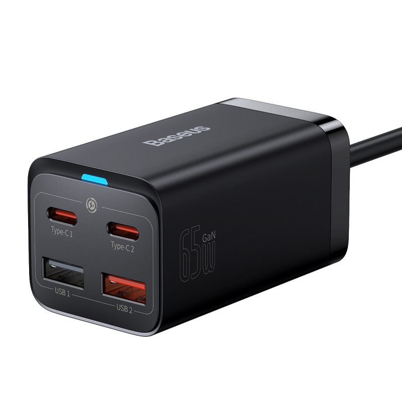 GaN3 Pro greitas įkroviklis 2x USB-C / 2x USB 65W PD QC + USB-C laidas 1m juodas