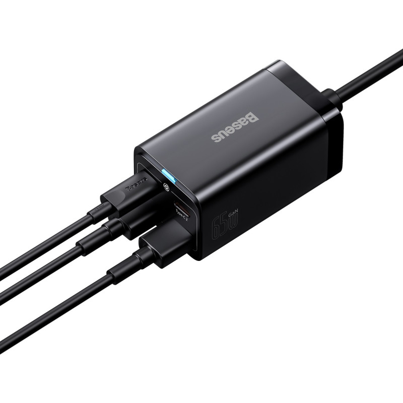 GaN3 Pro greitas įkroviklis 2x USB-C / 2x USB 65W PD QC + USB-C laidas 1m juodas