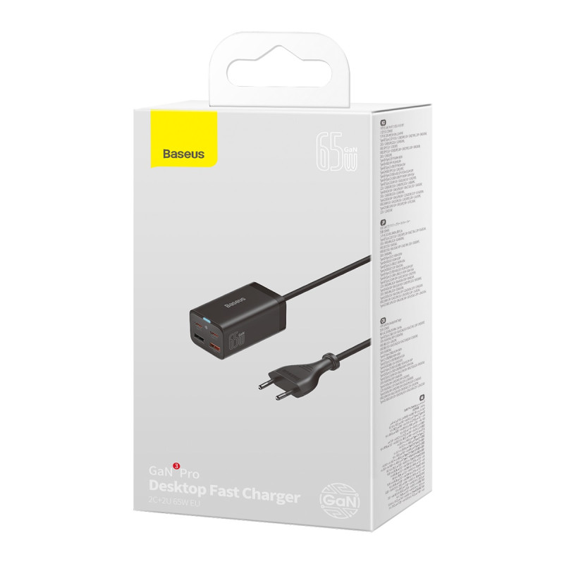 GaN3 Pro greitas įkroviklis 2x USB-C / 2x USB 65W PD QC + USB-C laidas 1m juodas
