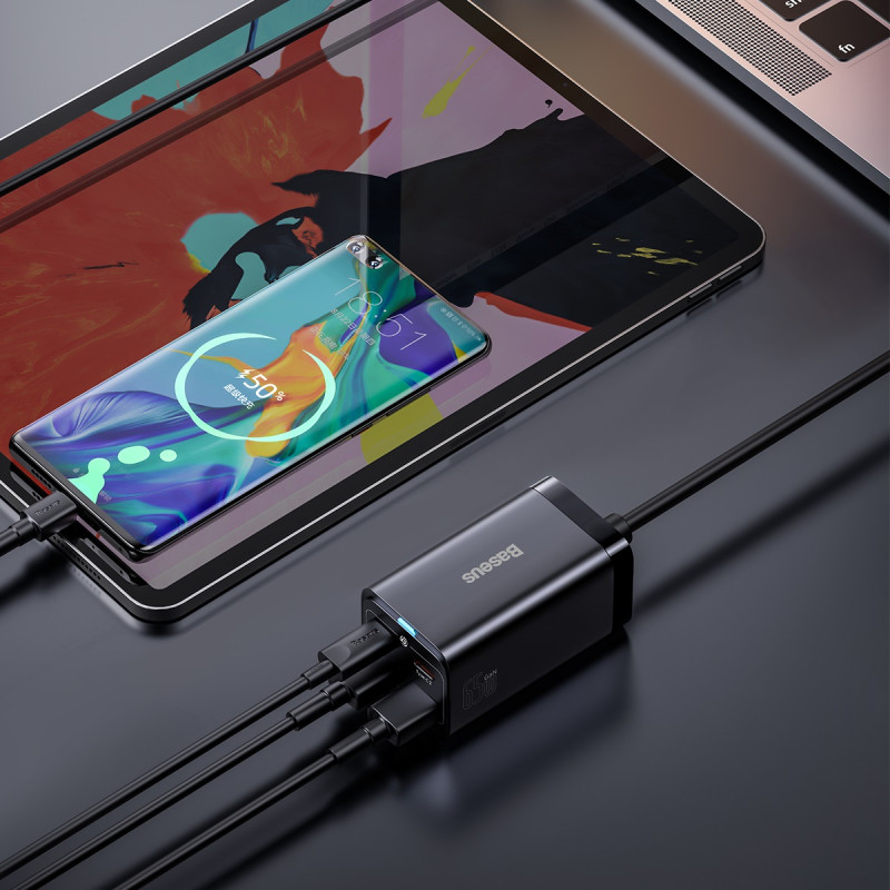GaN3 Pro greitas įkroviklis 2x USB-C / 2x USB 65W PD QC + USB-C laidas 1m juodas