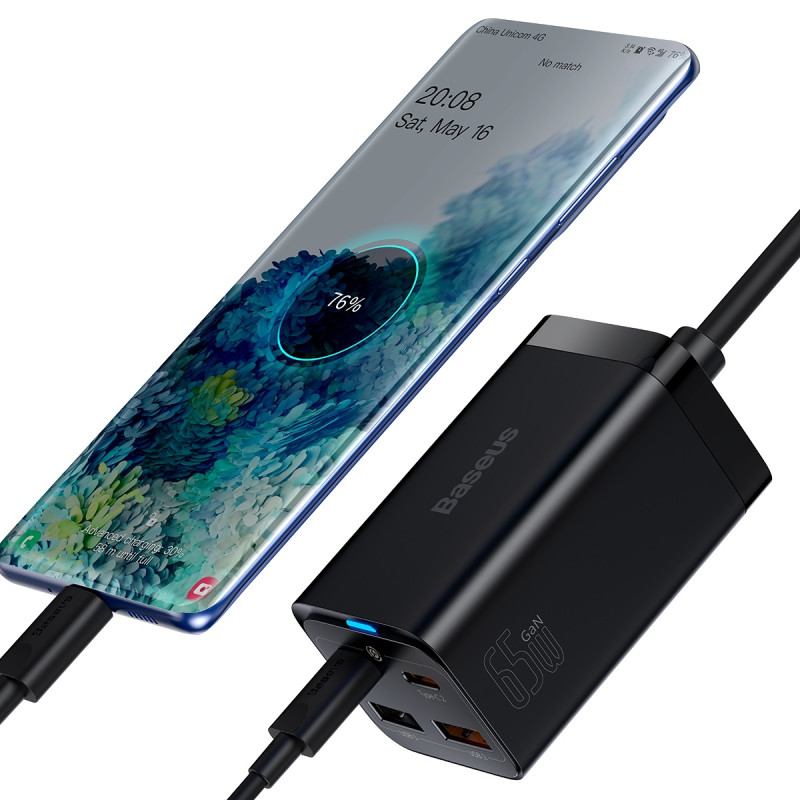 GaN3 Pro greitas įkroviklis 2x USB-C / 2x USB 65W PD QC + USB-C laidas 1m juodas