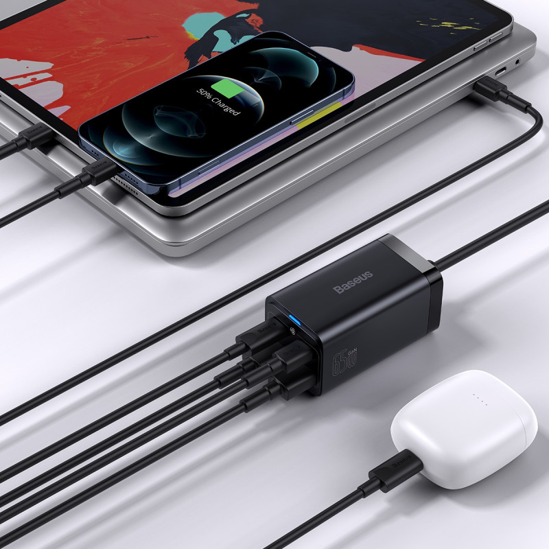 GaN3 Pro greitas įkroviklis 2x USB-C / 2x USB 65W PD QC + USB-C laidas 1m juodas
