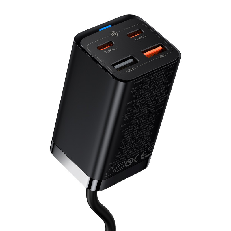 GaN3 Pro greitas įkroviklis 2x USB-C / 2x USB 65W PD QC + USB-C laidas 1m juodas