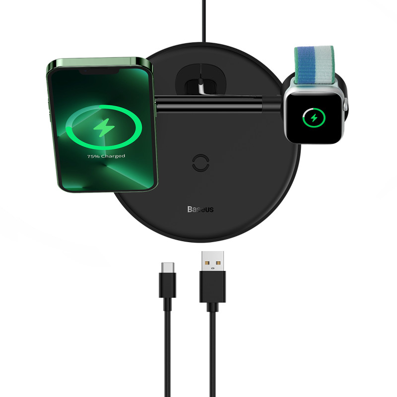 3in1 stovas indukcinis įkroviklis iPhone Apple Watch AirPods + USB-C laidas 1m juodas
