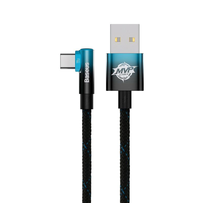 Kampinis laidas su šoniniu USB kištuku – USB-C MVP 2 Alkūnė 100W PD 5A 1m mėlyna