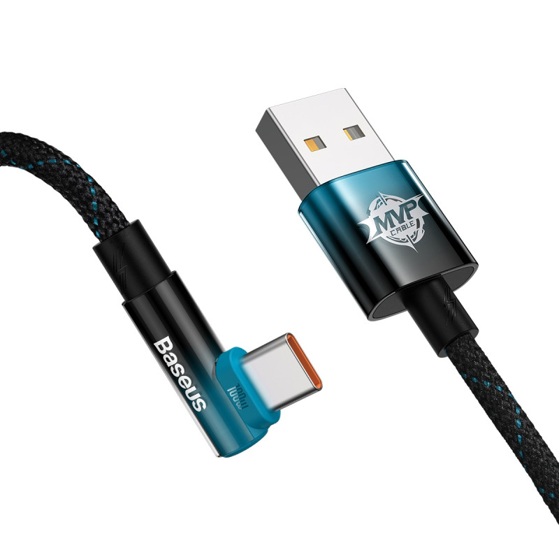 Kampinis laidas su šoniniu USB kištuku – USB-C MVP 2 Alkūnė 100W PD 5A 1m mėlyna