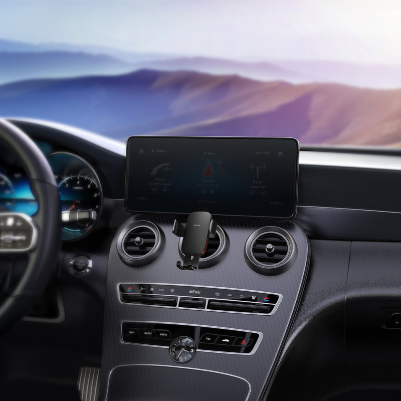 Gravitacijos telefono laikiklis apvalioms automobilio grotelėms Metal Age II juodas