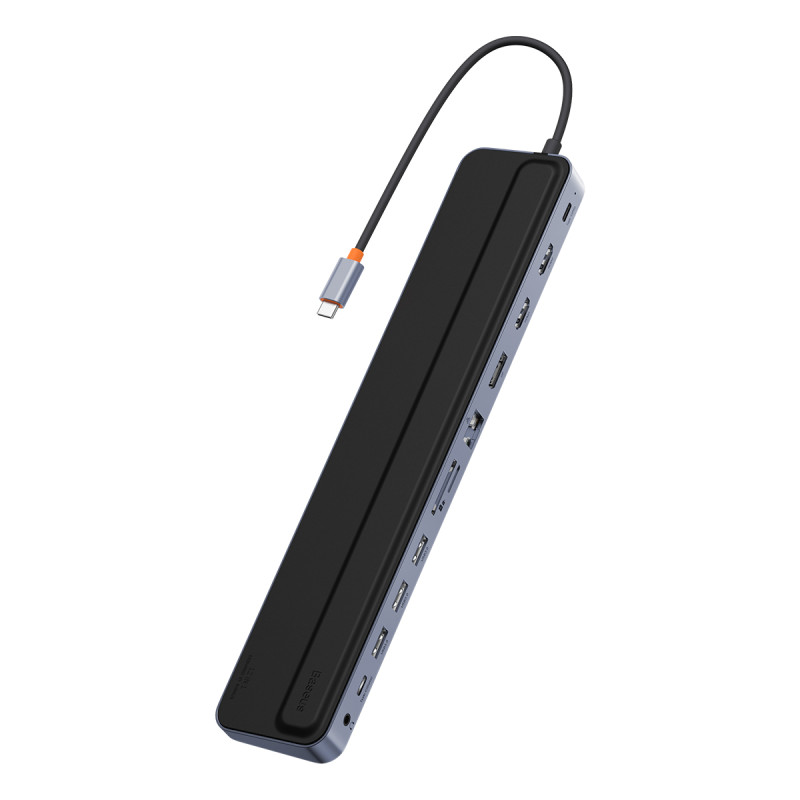 12in1 HUB nešiojamojo kompiuterio stovas USB-C USB-A DP HDMI SD TF RJ45 3,5 mm lizdas PD 100 W pilka