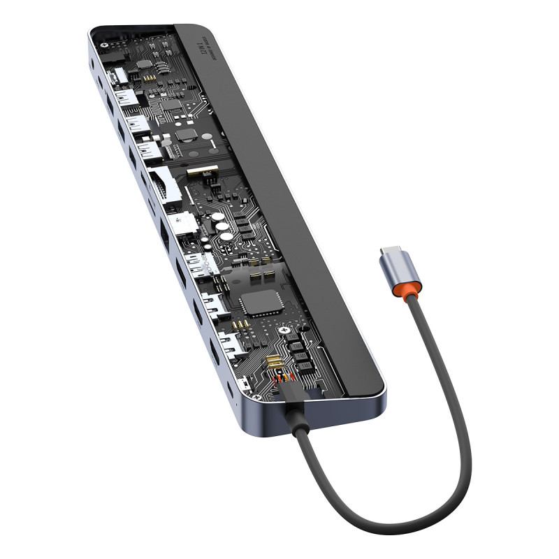 12in1 HUB nešiojamojo kompiuterio stovas USB-C USB-A DP HDMI SD TF RJ45 3,5 mm lizdas PD 100 W pilka