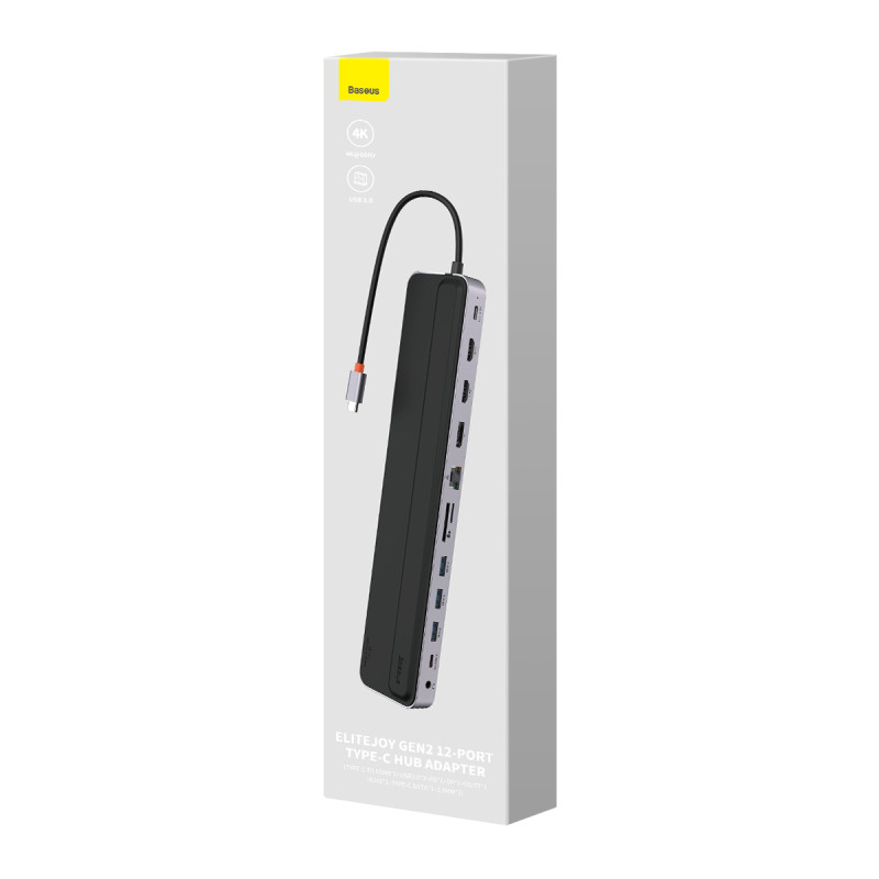12in1 HUB nešiojamojo kompiuterio stovas USB-C USB-A DP HDMI SD TF RJ45 3,5 mm lizdas PD 100 W pilka