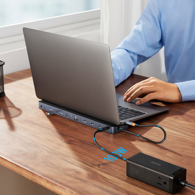 12in1 HUB nešiojamojo kompiuterio stovas USB-C USB-A DP HDMI SD TF RJ45 3,5 mm lizdas PD 100 W pilka