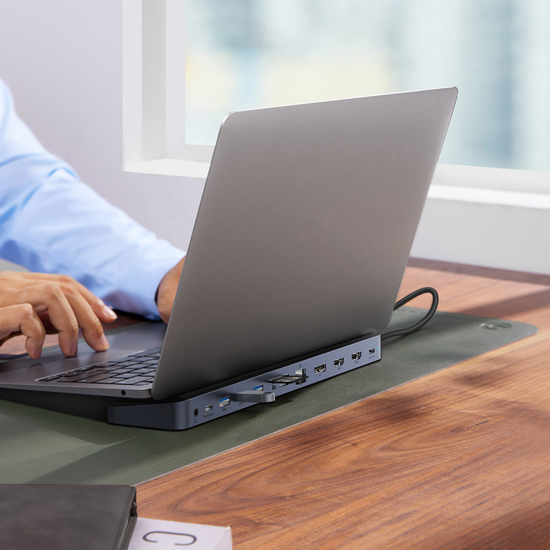 12in1 HUB nešiojamojo kompiuterio stovas USB-C USB-A DP HDMI SD TF RJ45 3,5 mm lizdas PD 100 W pilka