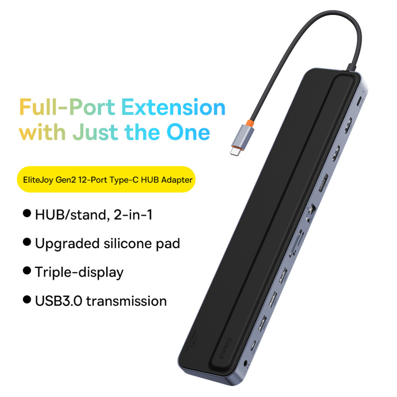 12in1 HUB nešiojamojo kompiuterio stovas USB-C USB-A DP HDMI SD TF RJ45 3,5 mm lizdas PD 100 W pilka