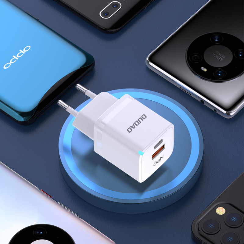 GaN 33W PPS USB-C USB-A sieninis įkroviklis, baltas