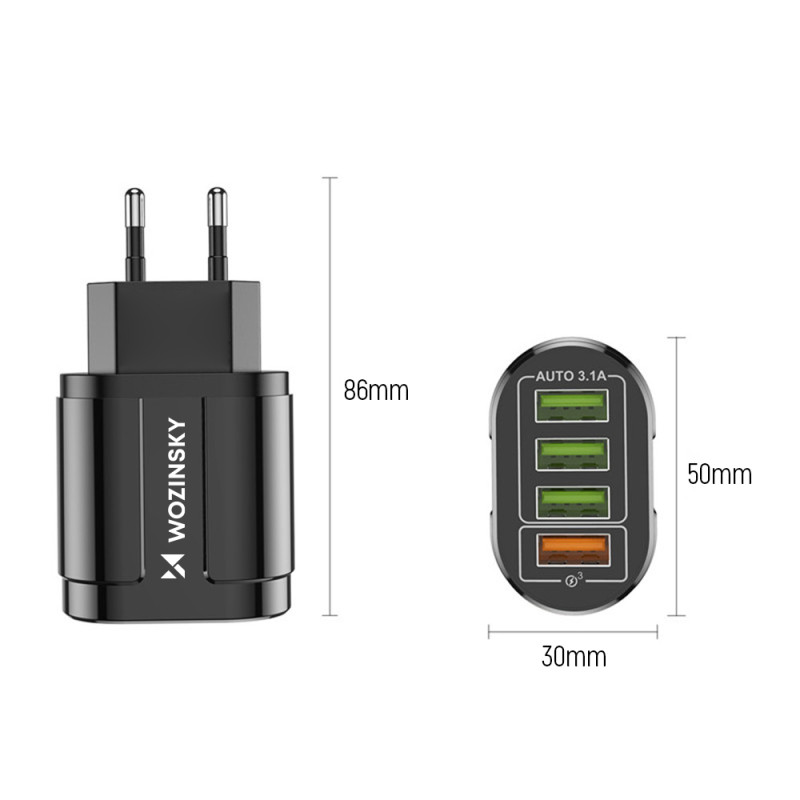 Mažas 48W 4x USB-A QC sieninis įkroviklis, juodas