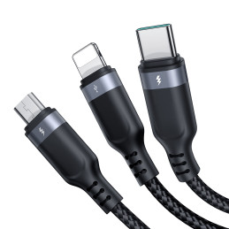 
3in1 USB daugiafunkcis laidas iki Lightning USB-C mikro USB 30 cm juodas
