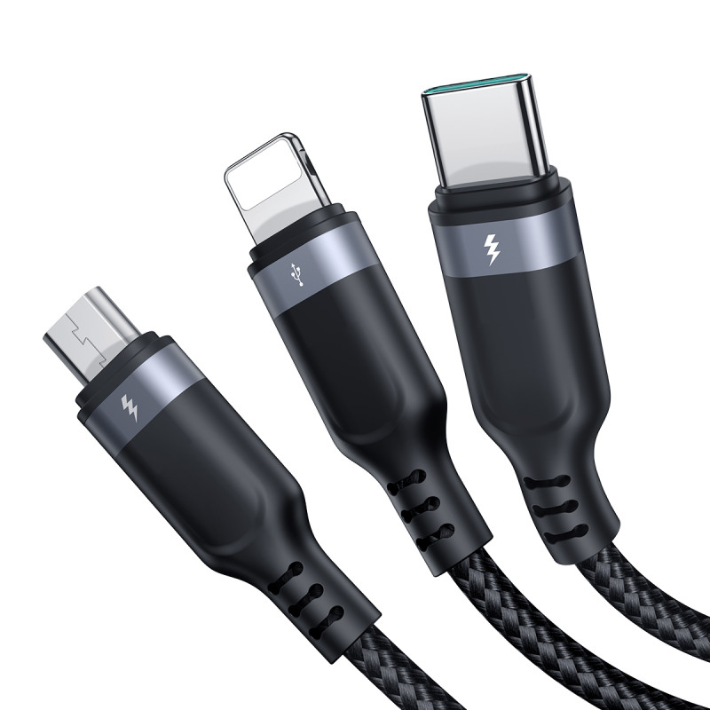 3in1 USB daugiafunkcis laidas iki Lightning USB-C mikro USB 30 cm juodas