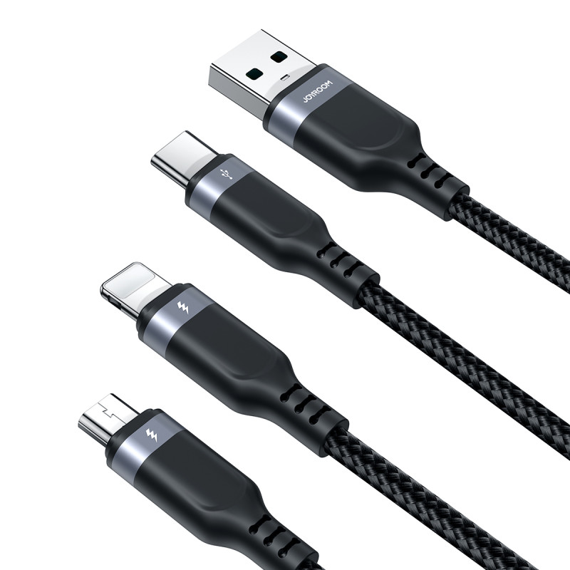 3in1 USB daugiafunkcis laidas iki Lightning USB-C mikro USB 30 cm juodas