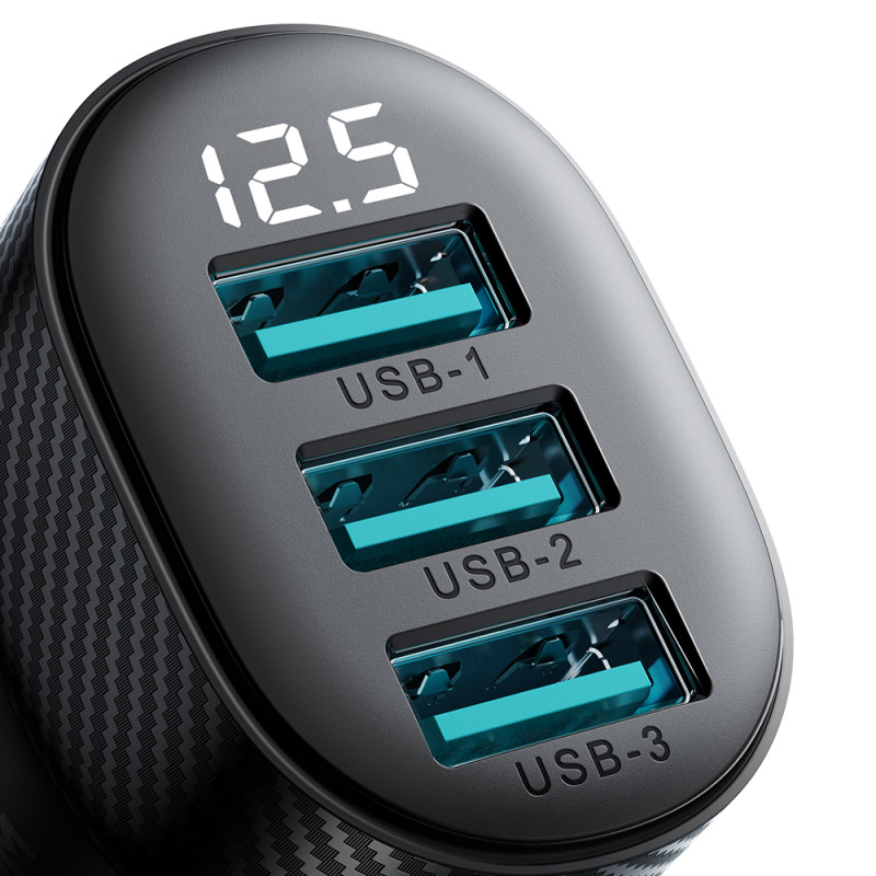 3,4A automobilinis įkroviklis su 3x USB-A ekranu, juodas