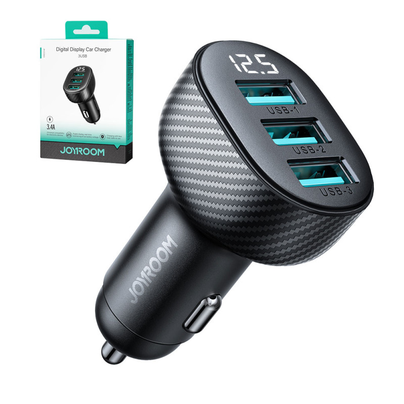 3,4A automobilinis įkroviklis su 3x USB-A ekranu, juodas