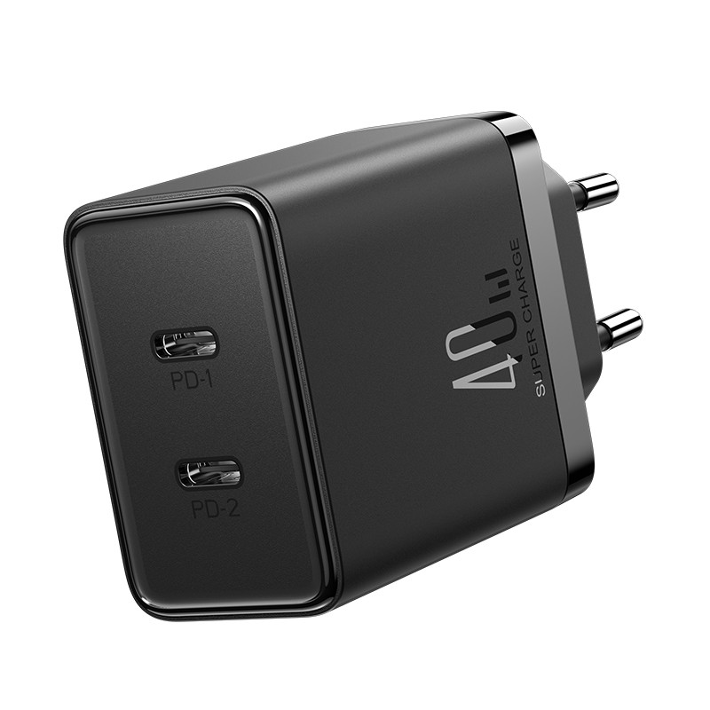 Greitas sieninis įkroviklis 40W 2x USB-C QC PD juodas