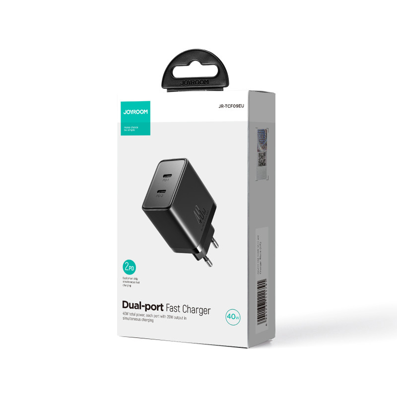 Greitas sieninis įkroviklis 40W 2x USB-C QC PD juodas